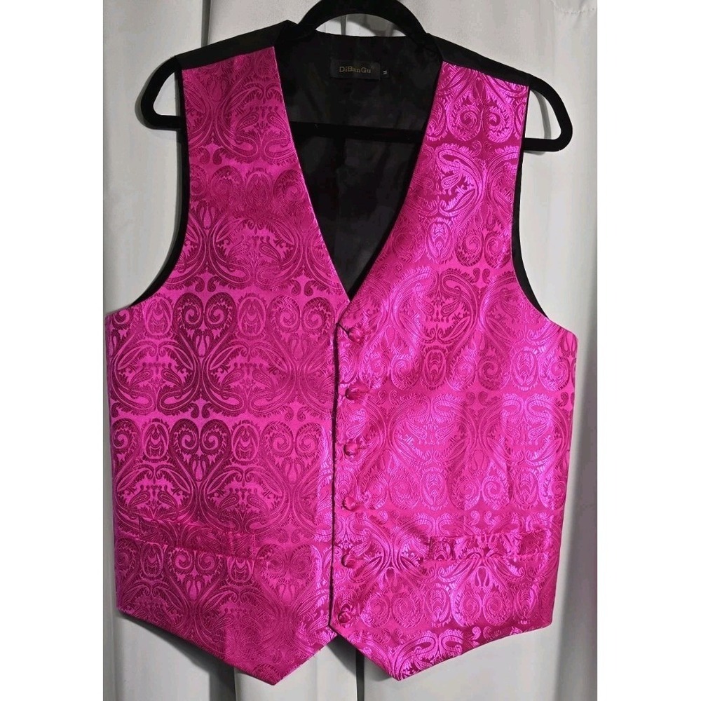 DiBanGu Mens Pink Paisley Jacquard Silk Waistcoat Vest Pocket Formal Wedding Med